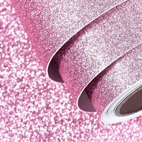 Image of FunStick 40CM×6M Sparkly Glitter Peel and Stick Wallpaper Pink Bedroom Wallpaper Roll Glitter Contact Paper for Crafts Dressing Table Gift Card Making Waterproof Pink Vinyl Wrap for Cupboards Walls