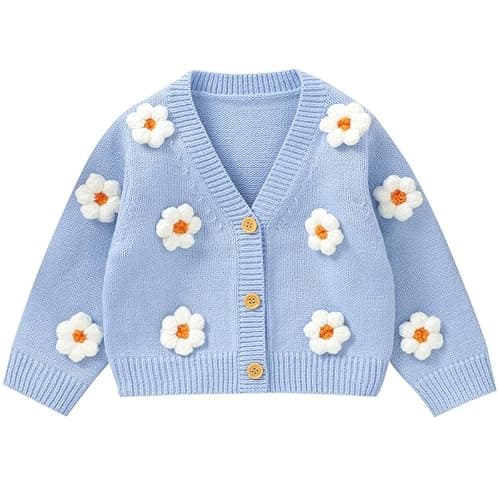 Image of LAWKUL Baby Toddler Girl Cardigan Warm Sweater Floral Long Sleeve Jumpers Coats Knitted Clothes Blue 9-12 Months