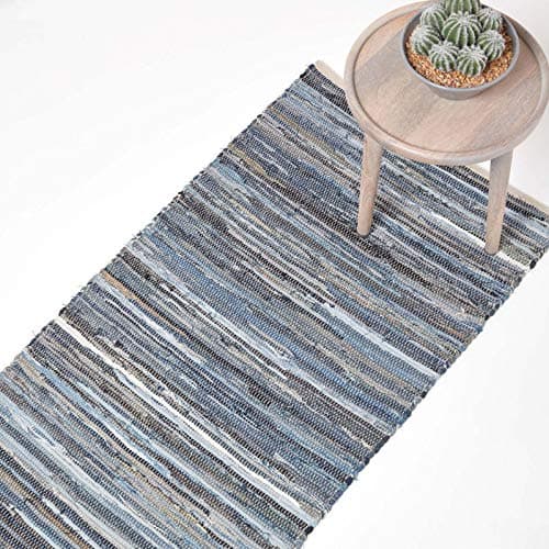 Image of HOMESCAPES 100% Recycled Denim Blue Chindi Hall Runner Blue Stripes Handmade Eco Friendly Real Denim Rug, 66 x 200 cm