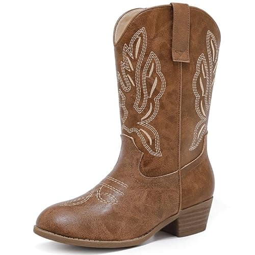 Image of LAURMOSA Girls Cowgirl Boots Brown Cowboy Boots for Girls Size 2 Mid Calf Pointed Toe Embroidered Western Cow Girl Boots for Big Kids Cowgirl Fancy Dress Horse Riding Party Shoes (UKL1020LightBrown 2)
