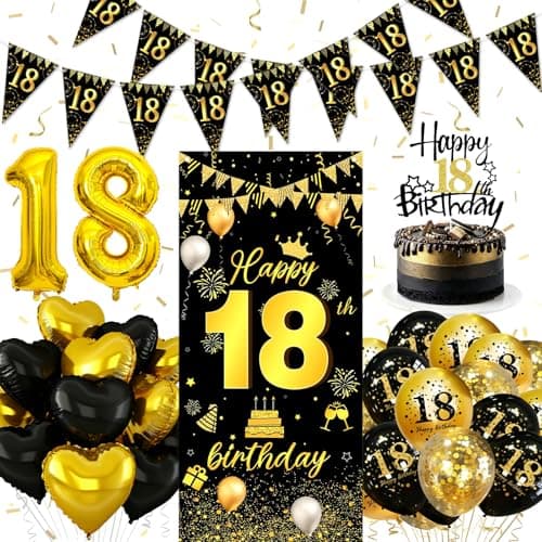 Image of Black and Gold Birthday Decorations 18, Balloon 18th, Bunting, Background Black and Gold, Party Decorations Set, Suitable for Birthday Party Decoration, Wedding Anniversary