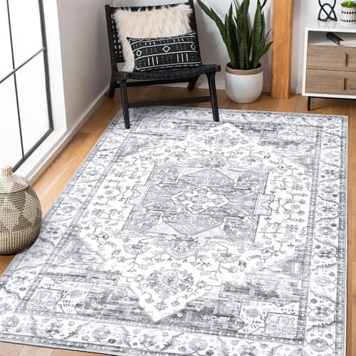 Image of XSIVOD Area Rugs for Bedroom Living Room, Grey Washable Rugs for Entryway Kitchen Mat, Non Slip Bedside Vintage Rug, Soft Oriental Rug Accent Floor Carpet for Home Decor, 90 x 150 cm