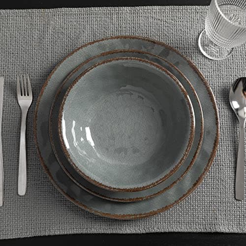 Image of LEHAHA Rustic Farmhouse 12 Piece Melamine Camping Dinnerware Set, Plates and Bowls Sets, Indoor and Outdoor Use, Lightweight and Unbreakable Kitchen dishes Set for 4(Grey)