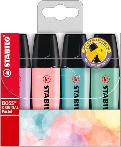 Image of STABILO BOSS ORIGINAL Pastel - Highlighter - Pack of 4 - Hint of Mint, Pink Blush, Lilac Haze, Touch of Turquoise