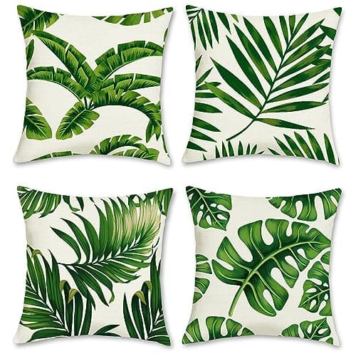 Image of Bonhause Tropical Leaves Cushion Covers 40 x 40 cm Palm Leaf Plant Decorative Throw Pillow Covers Polyester Linen Green Pillowcases for Sofa Couch Bed Home Garden Outdoor Decor Set of 4