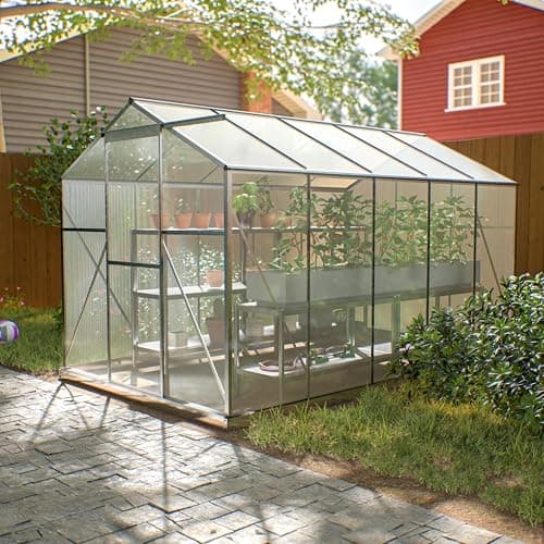 Image of Greenhouse 6' x 10' Silver Aluminium Frame with Polycarbonate Panels by Garden Universe Inc Free Base GH10x6S-Amz