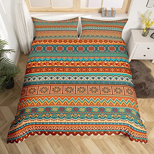 Image of Aztec Duvet Cover Boho Exotic Bedding Set Western Brown Boho Comforter Cover for Boys Girls Kids Vintage Bohemian Room Decor Boho Exotic Bedspread Cover Single Size With 1 Pillow Case