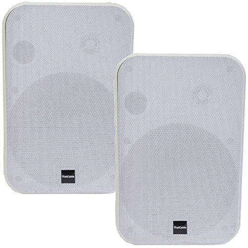 Image of Loops (PAIR) 2x WHITE 6.5” 200W Stereo Loud Speakers & Wall Mounting Brackets –8Ohm Low Impedance– 2-Way Hi-Fi Background/Surround Sound Powerful MOISTURE RESISTANT Speaker Set – 27cm x 18cm