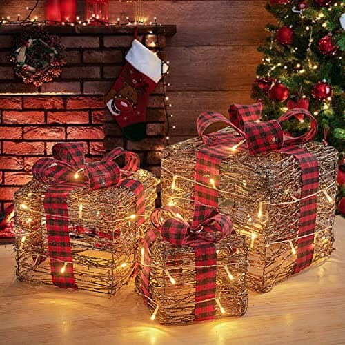 Image of SHATCHI Light Up Christmas Parcels Pre-Lit Battery Operated LED Glitter Sisal/Rattan Xmas Presents Holiday Home Novelty Decorations Set of 3 – Gold/Red/Cream/Tartan, Brown, 25cm/20cm/15cm