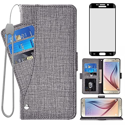 Image of Asuwish Compatible with Samsung Galaxy S6 Edge Wallet Case and Tempered Glass Screen Protector Leather Flip Cover Card Holder Cell Accessories Phone Cases for Glaxay S6edge 6s 6 S 6edge Women Black
