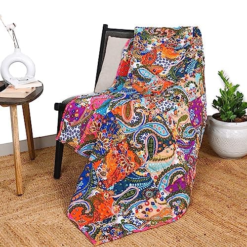 Image of RAJRANG Multicolor Patchwork Quilt Vintage Indian Reversible Quilted Throw Blanket Super Soft and Warm Living Room Decorative for Sofa and Couch 130x170 cm