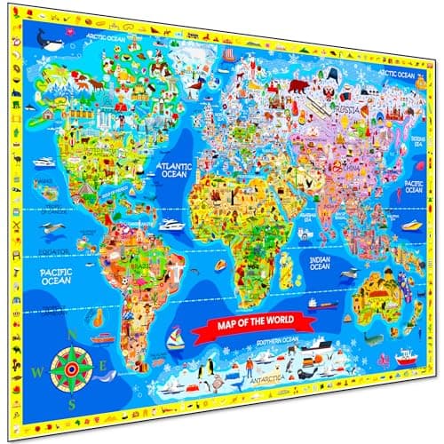 Image of Kids World Map Poster - Colourful 84 x 60cm Atlas for Kids Search & Find Puzzle for 10 Year Old Boys & Girls - Illustrated Geography Gifts Fun Wall Art For Classroom, Home