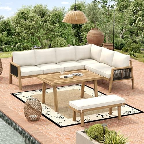 Image of Merax Garden Lounge & Dining Set 6-7 Seater, Outdoor Corner Sofa & Bench with Rope Braiding, Acacia Wood Frame & Tabletop, Patio Conversation Dining Set, Natural + Cream