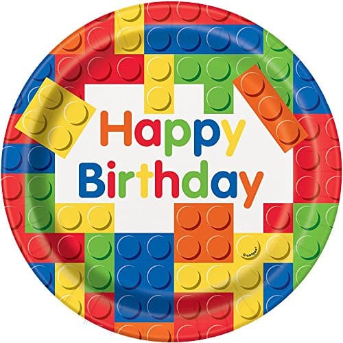 Image of Building Blocks Happy Birthday Multicolor Round Paper Dinner Plates (22cm) Pack of 8 - Perfect for Fun & Festive Birthday Celebrations
