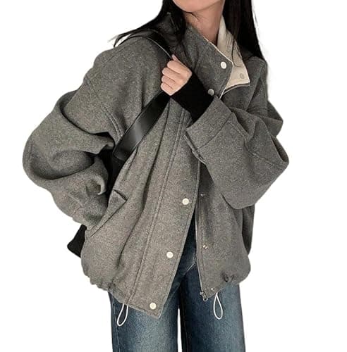 Image of Tooe Y2K Wool Blend Bomber Jacket for Women Grunge Aesthetic Oversized Baseball Coat Vintage Alt Emo Streetwear Outerwear, Grey, One size