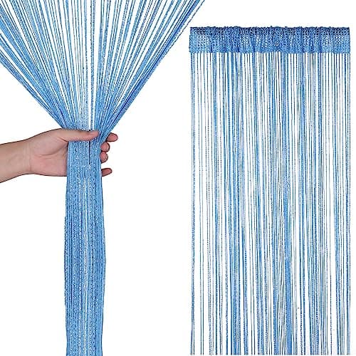 Image of Trimming Shop String Curtains Glitter Fringe Panel Fly Screen Doorway Curtain Closet Window Doors Sequin Sheer Room Divider Tassel for Doorway, Windows, Home Decoration, 200cm x 90cm, Sky Blue