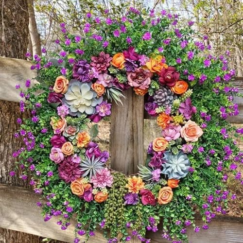 Image of Door Wreaths, 50 cm Spring Summer All-Year Wreath, Artificial Flowers, Large Green Leaf Wreaths, Door Wreath for Front Door, Outdoor, Window, Wall, Garden, Wedding, Festival, Party, Home Decoration