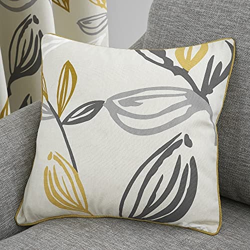 Image of Fusion Leaf Print Cushion – 43x43cm – Grey & Ochre – Filled Scatter Pillow – Piped Edge – 100% Cotton Cover with Insert – Botanical Design – Decorative Sofa/Bed Cushion – Matching Curtains