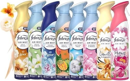 Image of Febreze Air Mist Air Freshener Spray Odour Eliminator 8 x 185ml, WHITE JASMINE, BLOSSOM & BREEZE, COTTON FRESH, GOLD ORCHID, FRUITY TROPICS, SPRING AWAKENING, VANILLA, PEONY & CEDAR