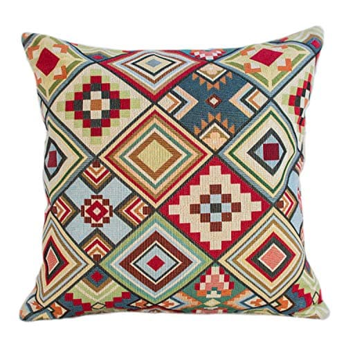 Image of Geometric Tapestry Double Sided Cushion Cover. Multicoloured Red Blue Green Yellow Triangular Aztec Patten. 17"x17" Square Pillow Case. Kilim Style Fabric