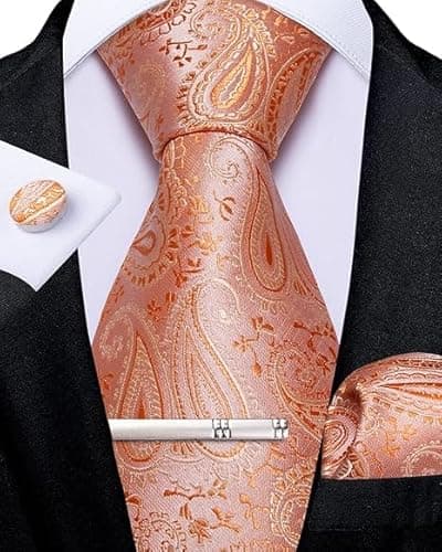 Image of DiBanGu Tie for Men Silk Coral Paisley Necktie and Pocket Square Cufflinks Tie Clip Set Woven Formal Ties for Wedding