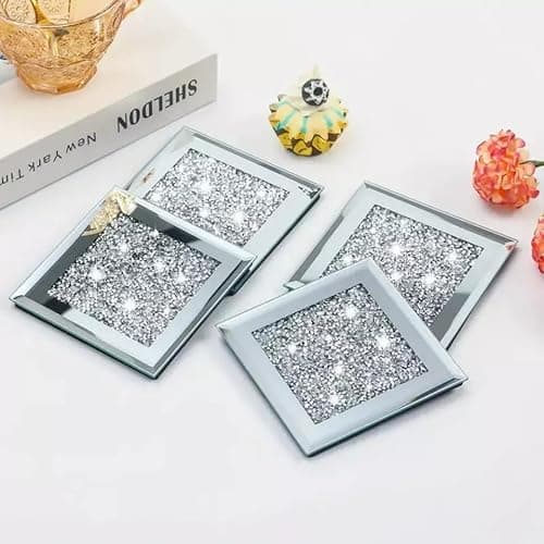 Image of SERENA'S ® 4 Pack Crushed Diamond Crystal and Mirror Coasters Set of 4 Glittering Silver Coasters for Home Kitchen Bar & Restuarant Decor (Square)