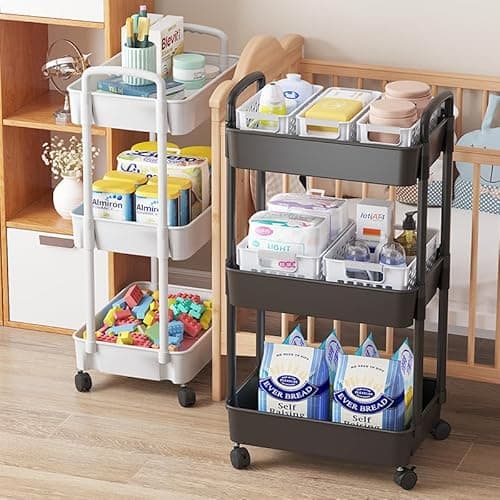 Image of Multibao 3 Tier Storage Trolley Cart on Wheels Plastic Mobile Rolling Trolley For Kitchen Bathroom Laundry Rolling Rack 27D x 39W x 73H CM (White)