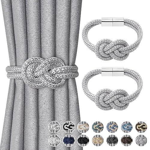 Image of Pretty Jolly 2 Pack Mini Magnetic Curtain Tiebacks Nordic Simple Style Drape Tie Backs Elegant Hand Weave Rope Knot Decorative Curtain Holdbacks for Home & Office Window Drapery (Silver Grey)