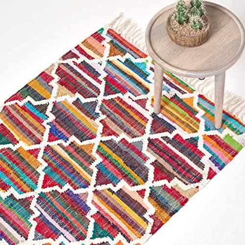 Image of HOMESCAPES Amsterdam Multi-Colour Handwoven Kilim Rug for Living Room 100% Cotton Geometric Rug with Fringe, 90 x 150 cm