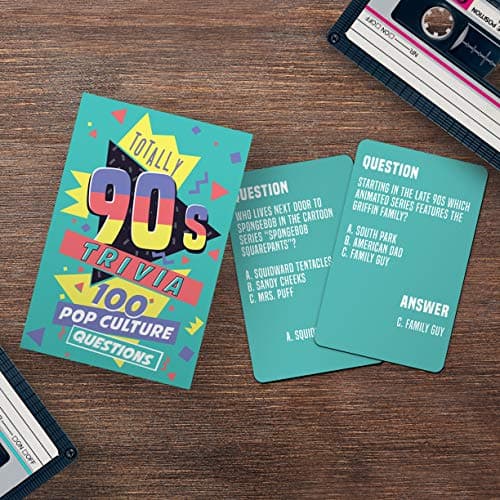 Image of Gift Republic Totally 90s Trivia 100 Pop Culture Questions 1990s Quiz Question Cards Fun Trivia Card Game for Friends & Family