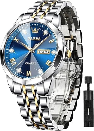 Image of OLEVS Watch for Men UK Stainless Steel Designer Diamonds Dress Men's Wrist Watches for Men Waterproof with Date and Day Analog Quartz Watches