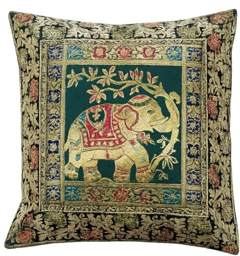 Image of Original Kikan Indian Elephant Mandala Silk Cushion Covers Sari Brocade Boho Home Decor Cushion- Pillow Cases 16”x16” Zip Closure Banarsi | Ethnic - Handmade - Patchwork (Dark green)