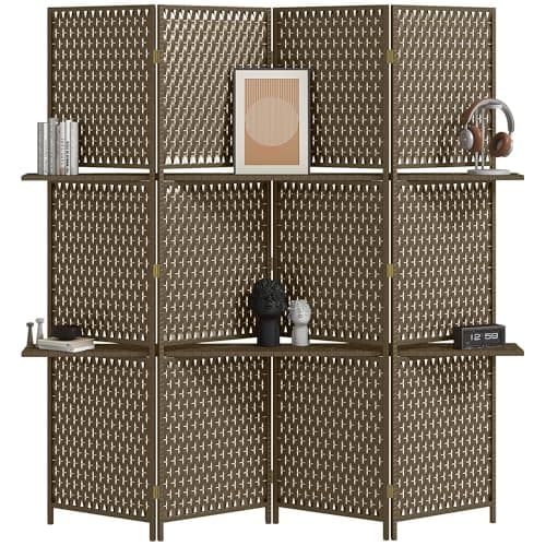 Image of HOMCOM 4-Panel Room Dividers with Shelves, Wave Fibre Freestanding Folding Privacy Screen Panels, Partition Wall Divider for Indoor Bedroom Office, 180 cm, Brown