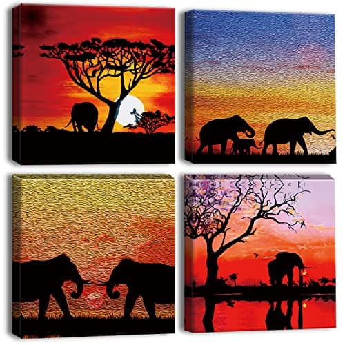 Image of Artscope 4 Pieces Wall Art Canvas Prints - Sunset with African Elephants Picture Painting - Modern Wall Artwork Framed for Gifts Bathroom Home Kitchen Office Decor - 30 x 30 CM