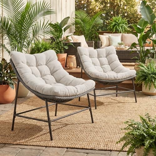Image of PHI VILLA Egg Chairs Set of 2, Papasan Chairs Garden Lounge Chairs Rattan Patio Chairs, Outdoor Indoor Wicker Chairs with Extra Thick 10cm Cushion and Wrought Iron Frame for Balcony Porch Living Room