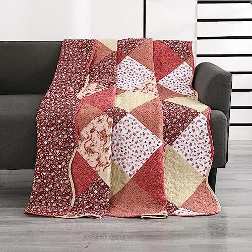 Image of Qucover Quilted Bedspread Single Size, Multicolour Print Red Pink Beige Patchwork Quilt 150x200cm, Lightweight Soft Microfiber Floral Reversible Bed Throw Bedspread for All Seasons