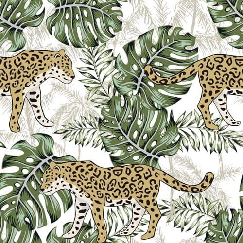Image of VEELIKE Exotic Tropical Wallpaper Jungle Cheetah Wallpaper Peel and Stick White Leopard Wall Paper for Bedroom Bathroom 44.5cmx300cm Monstera Leaf Contact Paper Removable Renter Friendly