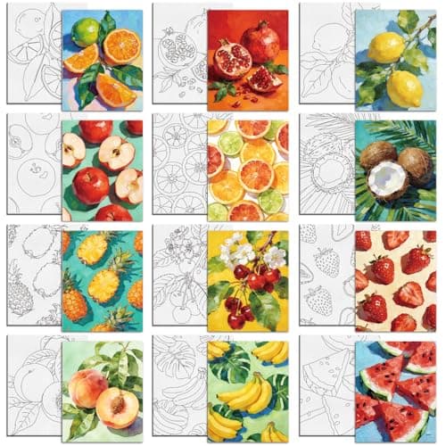 Image of MAYJOYDIY 12 Pcs Fruits Pre Drawn Canvas to Painting Orange Lemon Pre Printed Canvas for Adults 25×20cm Pomegranate DIY Paint Art Supplies for Beginners Party Gifts