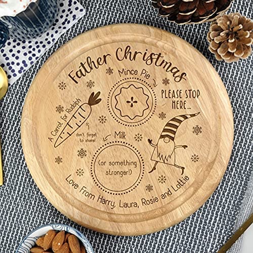 Image of eBuyGB Personalised Xmas Eve Plate, Father Christmas Please Stop Here, Mince Pie or Cookie for Santa, Carrot and Milk for Rudolph & Reindeers, Wooden Treat Board Snack Tray