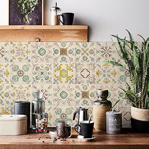 Image of 20pcs Beige Victorian Tile Stickers, Kitchen Bathroom Wall Tile Stickers Peel and Stick on Tile Transfers Covers Decals Self Adhesive Vinyl Waterproof Green Vintage Antique (15cm x 15cm, 6x6 inches)