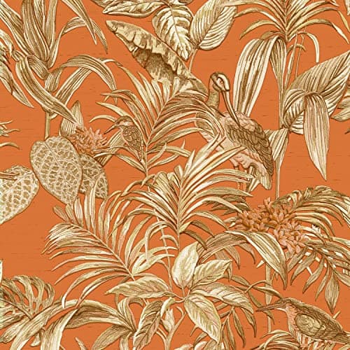 Image of Full Roll Orange Gold Tropical Wallpaper Birds Palm Textured Paste The Wall Vinyl