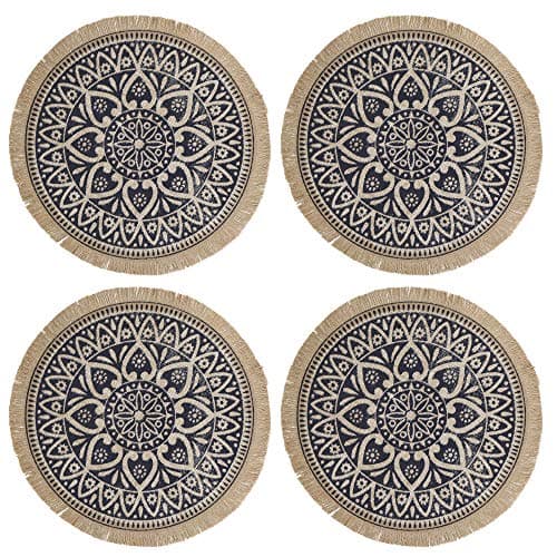 Image of Creative Tops Set of 4 Jute Placemats with Mandala Design, Natural Printed Hessian Round Table Mats, Blue, 41cm