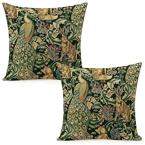 Image of Set of 2 William Morris Pillow Covers, Green Forest, Animals, Peacocks, Fox, Hare, 45.7 x 45.7 cm, Aesthetic Pillow for Bedroom and Living Room, Velvet Pillow Cover for Decoration