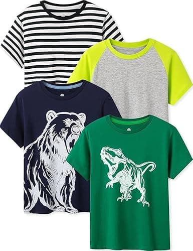 Image of LAPASA 4 Pack 100% Cotton Kids Plain T-Shirts Hypoallergenic Tee for Boys Girls Children School Uniform K01 (Grey & Yellow, Green Dino, Stripe B, Navy Bear, 9-10 Years)