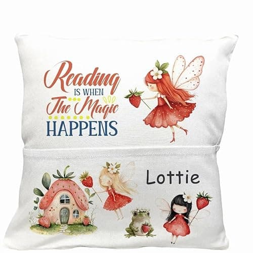 Image of Personalised Fairy Reading Cushion | Custom Pillow for Girls | Strawberry Fairy forest Story Time book holder Nursery Decor 40x40cm junior bedtime item,