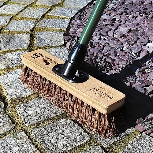 Image of CHARLES BENTLEY Broom, Charnwood, 12 inch, Bassine Broom, for Garden & Outdoor, Maintenance, Premium, Brushware, Green, FSC® 100% Wood, Stiff Bristles, Made In Britain, Grip Handle (140x30x7cm)