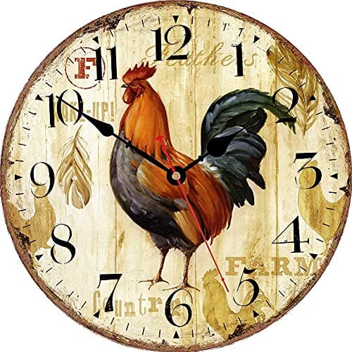 Image of VIKMARI Home Arabic Numerals Wall Clock, Rustic Rooster Style, Silent Non-Ticking Quartz Wooden Clock, 14 Inch Art Wall Decorative Large Wall Clock for Living Room,Bedroom,Kitchen and Office