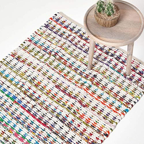 Image of HOMESCAPES Chindi Rug Handwoven Multi-Coloured Recycled Chindi Diamond Pattern Rug, 90 x 150 cm