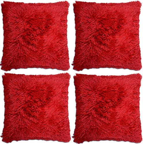 Image of Adore 4 x Super Soft Faux Fur Cushion Cover Covers Cuddly Shaggy 43x43cm, Red
