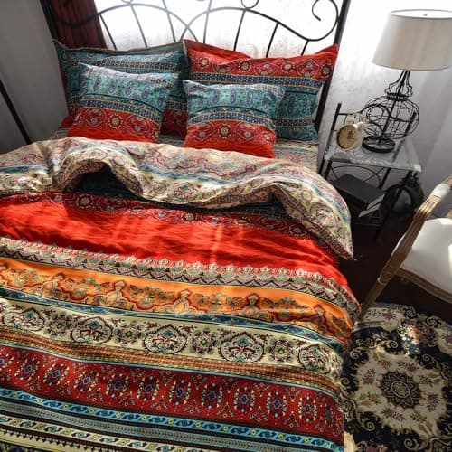 Image of Qucover 100% Cotton Single Duvet Cover Set 135x200 cm, 2-Piece Ultra Soft Brushed Cotton Single Duvet Cover Exotic Mixed Blue Beige and Red Striped Boho Bedding with Pillowcase